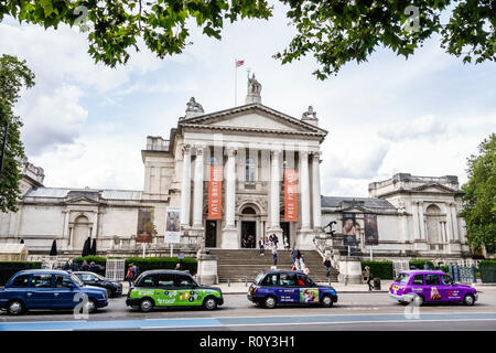 London England,UK,Westminster,Millbank,Tate Britain art museum gallery,exterior outside entrance,free entry,taxi cab,Sidney Smith,neo-classical style Stock Photo