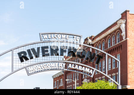 Montgomery, USA - April 21, 2018: Riverfront park buildings on road street during day in capital Alabama city in downtown old town, closeup of welcome Stock Photo