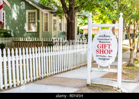 Montgomery, USA - April 21, 2018: Sign on street during day in capital Alabama city in old town historic museum, for Governor's Mansion Gift Shop Stock Photo