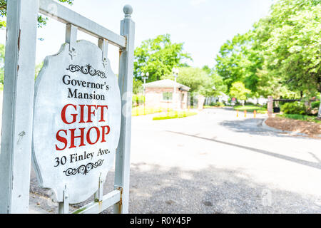 Montgomery, USA - April 21, 2018: Sign closeup on street during day in capital Alabama city in old town historic museum, for Governor's Mansion Gift S Stock Photo