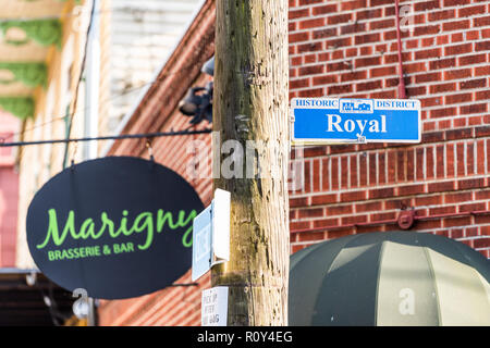 New Orleans, USA - April 22, 2018: Frenchmen, Royal street in Louisiana town, city, building, sign closeup, nobody, Marigny brasserie and bar restaura Stock Photo