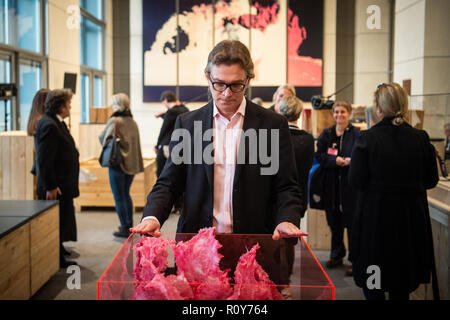 07 November 2018, Berlin: The Ukrainian artist Alyosha stands before his installation with the description 'Tortured larva of the human being an its bioethical transsubstantiation' in the parliamentary lobby of the Reichstag building. At the end of the First World War on 11 November 1918, exactly 100 years ago, the exhibition '1914/1918 - Not Then, Not Now, Not Never' presents works by international artists who wanted to set an example for peace. The exhibition can be seen from 10 November 2018 to 6 January 2019 as part of guided tours of the Bundestag. Photo: Arne Immanuel Bänsch/dpa Stock Photo