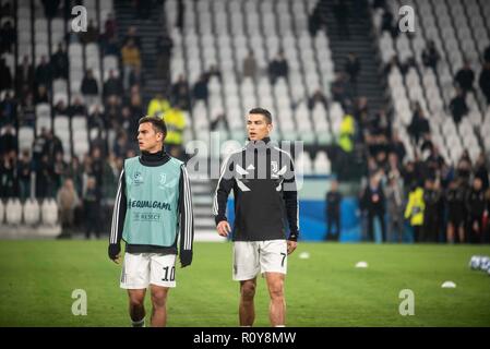 Turin, Italy. 7th Nov 2018. Paulo Dybala and Cristiano Ronaldo of Juventus during the UEFA Champions League match between Juventus and Manchester United at the Juventus Stadium, Turin, Italy on 7 November 2018. Photo by Alberto Gandolfo.  Editorial use only, license required for commercial use. No use in betting, games or a single club/league/player publications. Credit: UK Sports Pics Ltd/Alamy Live News Stock Photo