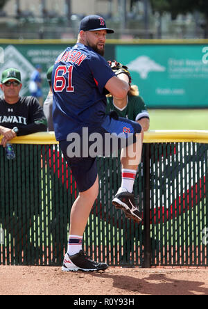 November 4, 2018 - Boston Red Sox Brian Johnson during a warm up workout session at Les Murakami Stadium on the campus of the University of Hawaii at Manoa in Honolulu, HI - Michael Sullivan/CSM Stock Photo