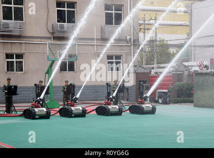 Handan, Handan, China. 8th Nov, 2018. Handan, CHINA-Firefighting robots can be seen in Handan, north ChinaÃ¢â‚¬â„¢s Hebei Province. Credit: SIPA Asia/ZUMA Wire/Alamy Live News Stock Photo