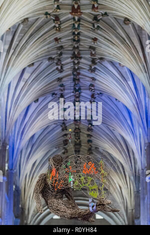 Norwich, UK. 7th November, 2018. The wicker sensing angel hangs from the ceiling above the service - Evensong attended by the Archbishop of Canterbury and the Bishop of Norwich, on the theme of reconciliation, in Norwich Cathedral. Credit: Guy Bell/Alamy Live News Stock Photo