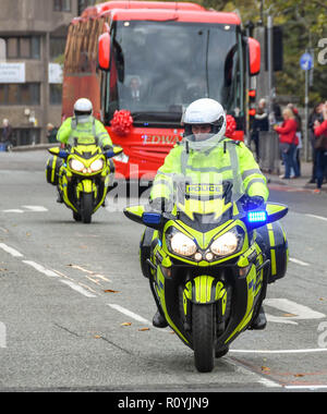 CARDIFF, WALES - NOVEMBER 2018: Police motorcycle outriders from South Wales Police escorting the bus of the Welsh Rugby team through streets in Cardi Stock Photo