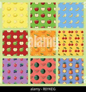 Set of seamless patterns with pixel fruits and berries. Background with apple, banana, watermelon, cherry and other. Old fashion 8 bit style Stock Vector