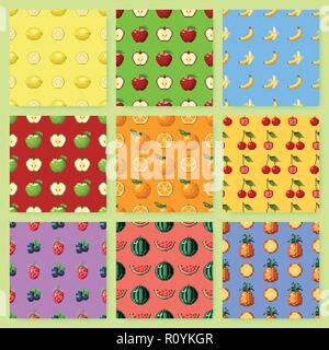 Set of seamless patterns with pixel fruits and berries Stock Vector