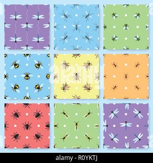Set of 9 seamless patterns with different insects Stock Vector