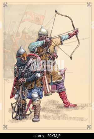 Medieval knights. Russian archer and crossbowman, Peipus lake battle. Historical illustration. Stock Photo