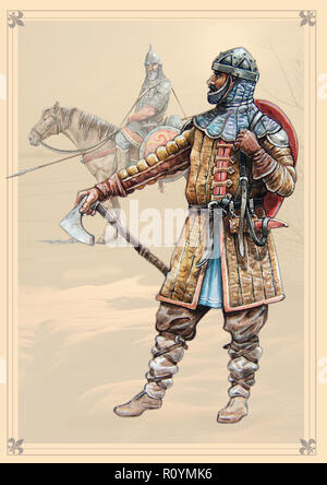 Russian medieval knight with ax, Peipus lake battle. Acrylic illlustration. Stock Photo