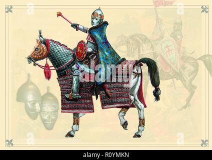 Russian Knight Knyaz - military leader. Peipus lake battle. Knight Illustration. Stock Photo