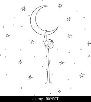 Cartoon of Man Dreamer Hanging on the Crescent or Horned Moon Stock Vector