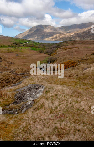 Landscape County Galway looking across Killarey Harbour to Mweelrea in County Mayo. Stock Photo
