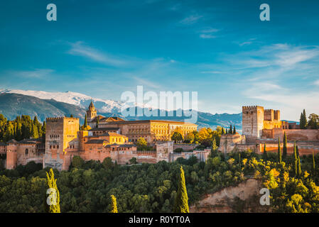 Panorama of the Alhambra from Mirador de San Nicolas. From left to right: Nazaries Palaces, Palace of Charles V and Alcazaba. Granada, And Stock Photo