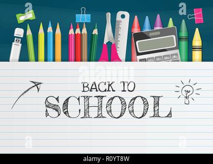 School supplies on chalkboard, back to school concept. Vector illustration Stock Vector