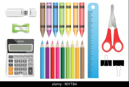 School supplies with calculator, color pencils, ruler, scissors, USB flash drive, sharpeners, black paper clips. Vector illustration Stock Vector