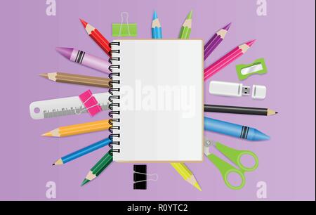 Blank notebook with school supplies on purple background. Vector illustration Stock Vector