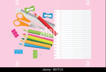 Back to school concept with school supplies and blank note paper on pink background. Vector illustration Stock Vector