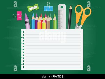 Blank note paper with school supplies on chalkboard. Vector illustration Stock Vector