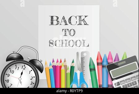 Back to school text on note paper with school supplies on gray background,  Vector illustration Stock Vector