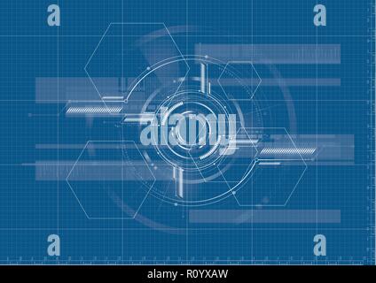 Technological abstract digital technical interface blueprint background vector design Stock Vector