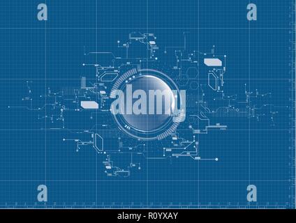 Technological abstract digital technical system blueprint background vector design Stock Vector