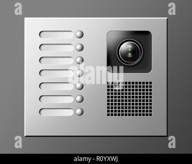 Doorbell panel with intercom system and security camera against grey background Stock Photo