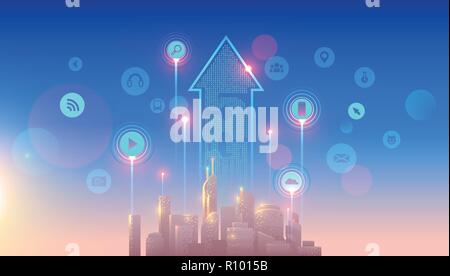 5g lte network logo over the smart city with icons of town infrastructure. devices connection via high speed, broadband telecommunication wireless internet. Skyscrapers in sunrise. Stock Vector