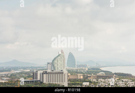 View looking over the beach resorts on Haitangwan Bay, in Sanya, Hainan Island, China. Stock Photo