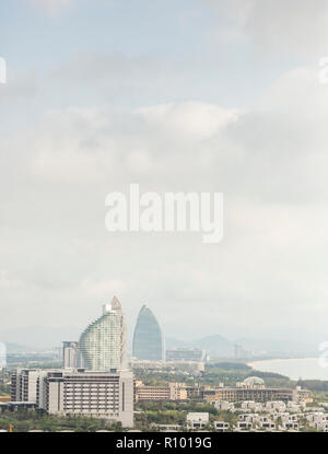 View looking over the beach resorts on Haitangwan Bay, in Sanya, Hainan Island, China. Stock Photo