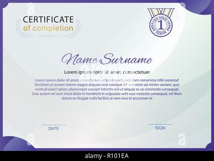 Official white certificate with violet gradient design elements. Business clean modern design. Line emblem. Thin simple border Stock Vector