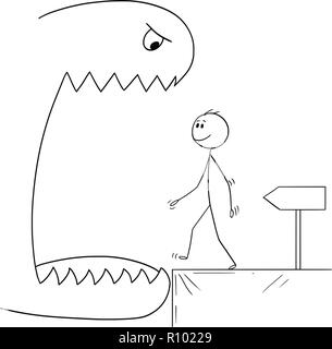 Cartoon of Smiling Man Walking in to Open Mouth of a Monster Stock Vector
