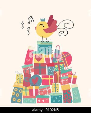 doodle  cute bird on present boxes mountain, idea for card Stock Vector