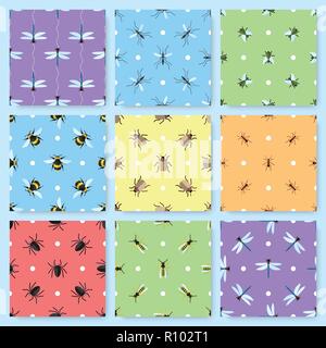 Set of 9 seamless patterns with different insects. Bee, fly, dragonfly, spider, beatle and other on bright backgrounds Stock Vector