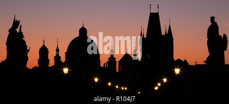 Praghe - The silhouette of the Town from Charles bridge in the morning.