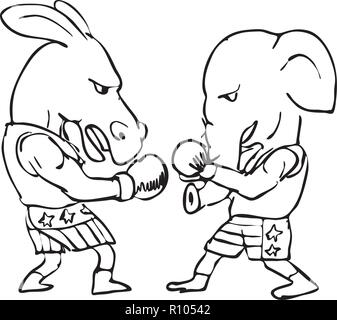 Illustration graphics showing a drawing of a donkey boxer and a elephant fighting in a boxing match wearing American stars and stripes shorts on white Stock Vector