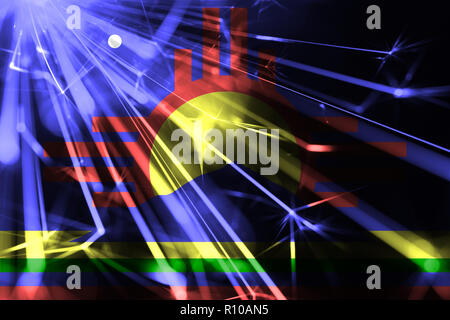 Roswell, New Mexico shining fireworks sparkling flag. New Year 2019 and Christmas shiny futuristic party concept flags Stock Photo