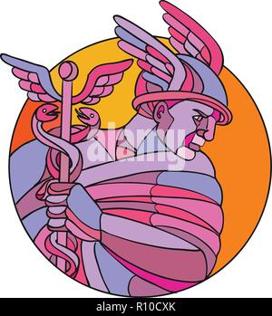 Mosaic low polygon style illustration of Mercury, Roman god of shopkeepers, merchants, travelers, transporters  thieves and tricksters or Greek myth. Stock Vector