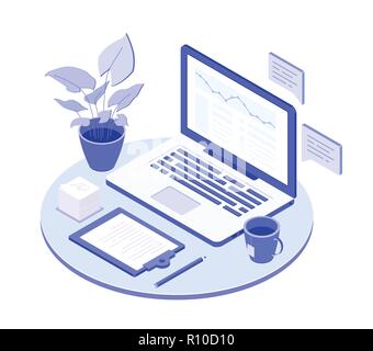 Workplace with laptop - modern vector isometric illustration Stock Vector