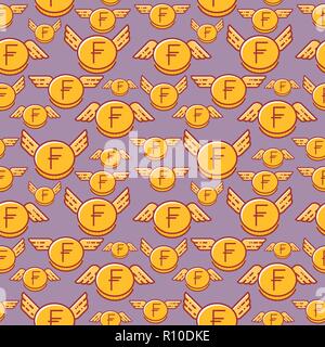 Franc coins with wings, seamless vector pattern Stock Vector
