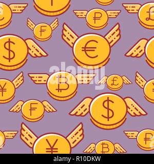 Currency coins with wings, seamless vector pattern of different currencies Stock Vector