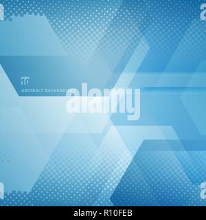 Abstract geometric hexagons overlapping with halftone white and blue color background. Vector illustration Stock Vector