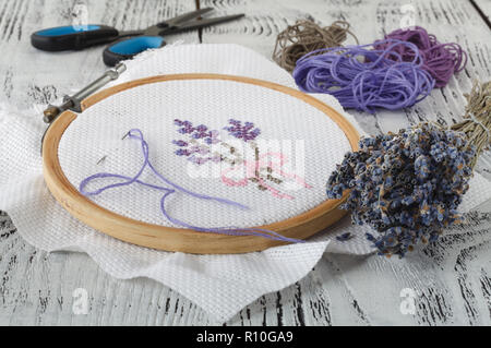 Set for embroidery, embroidery hoop, linen fabric, thread, scissors, embroidered needle bed Stock Photo