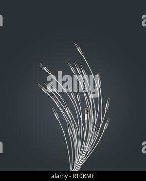 Bunch of white wire cables grey, plain background Stock Photo