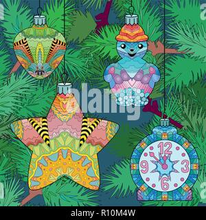Zentangle stylized Christmas decorations with spruce branches. Hand Drawn lace vector illustration Stock Vector