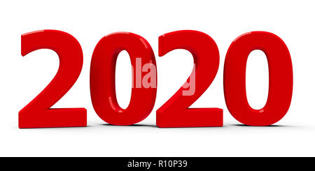 Red 2020 symbol, icon or button isolated on white background, represents the new year 2020, three-dimensional rendering, 3D illustration Stock Photo