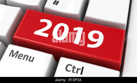 Computer keyboard with 2019 key, three-dimensional rendering, 3D illustration Stock Photo