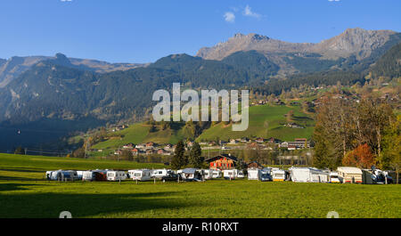 Grindelwald, Switzerland - Oct 21, 2018. Camping site in Grindelwald, Switzerland. Grindelwald was one of the first tourist resorts in Europe. Stock Photo